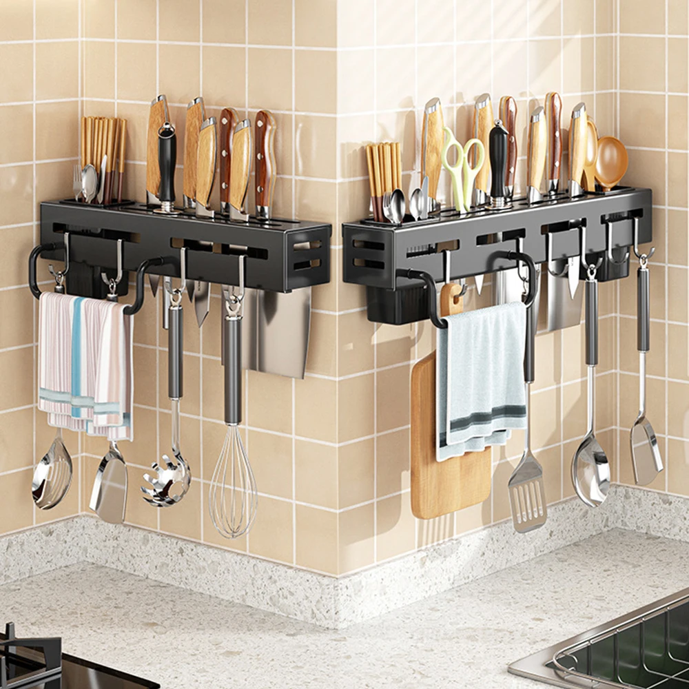 Kitchen Storage Rack Stainless Steel Wall-Mounted Multifunctional Storage Knife Rack Detachable with Multiple Brackets and Hooks