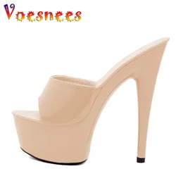 Naked Color Women Slippers Outside High Heels 9 13 15 cm sexy High Platform Thin Heels Stiletto Ladies Party Shoes Mules Slide