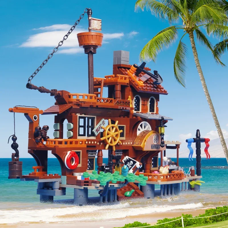 675 個クリエイティブ中世海賊島木製シーハウス船ビルディングブロック MOC 組み立てレンガのおもちゃギフト子供のための