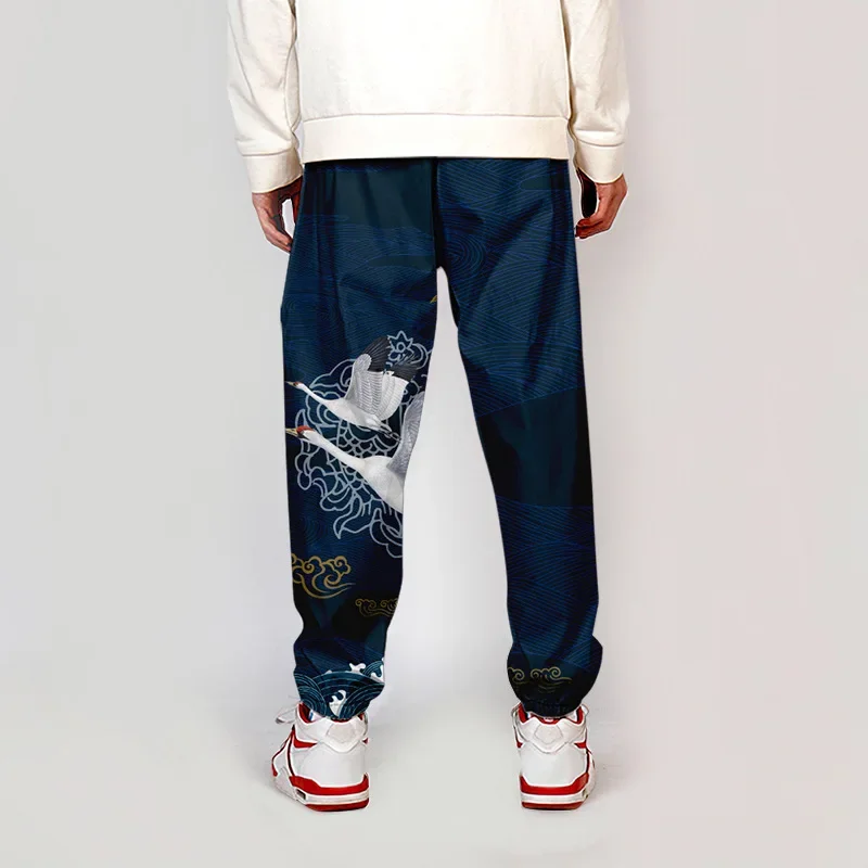 Hip Hop Crane Print Fashion Sweatpants Men Multi Pocket Harajuku Jogger Trousers Japanese Streetwear Pants K20