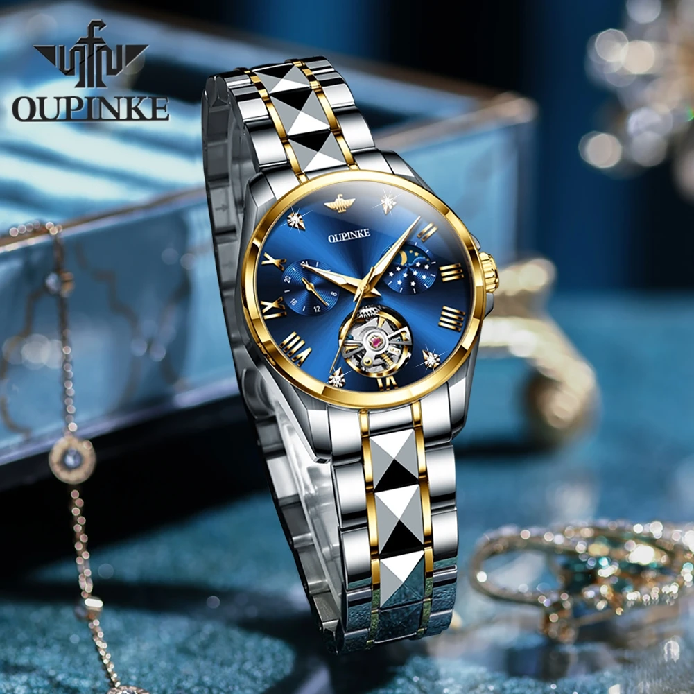OUPINKE 3202 Women Watch Luxury Hollow Automatic Mechanical Watch Roman Scale Waterproof Moonphase Brand Business Women Watch