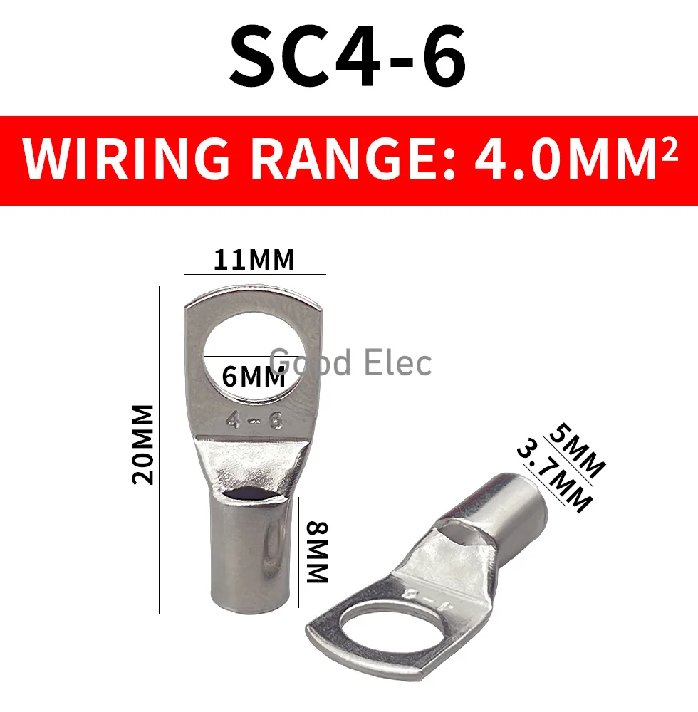 100PCS SC4-4 SC4-5 SC4-6 SC4-8 tinned copper 4mm 5mm 6mm bolt hole 4.0mm² cable lug battery connector crimping terminal