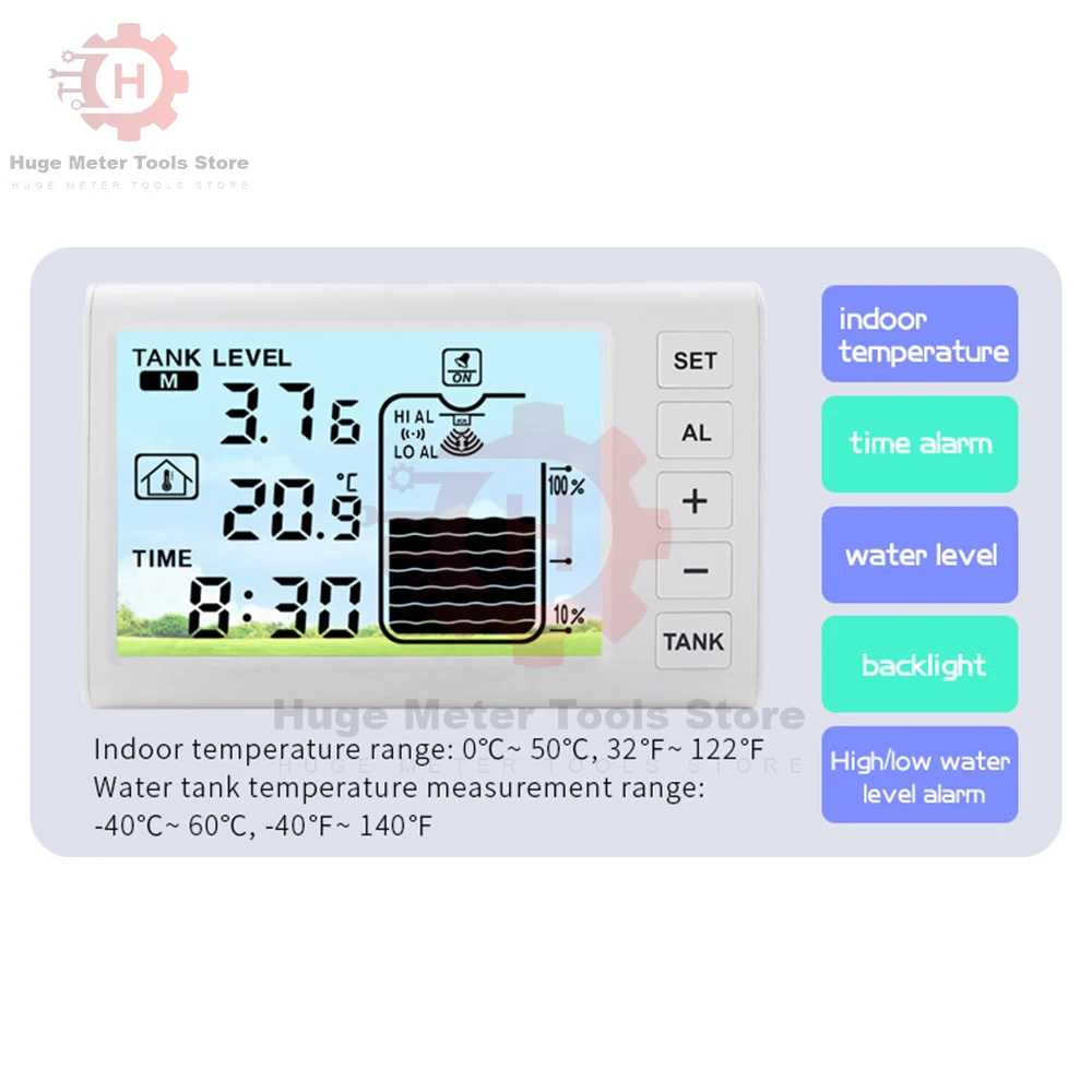 Imagem -02 - Medidor de Nível Líquido sem Fio Ultra-sônico do Tanque de Água Sensor de Temperatura Monitor do Tempo Display Alarme Indicador de Bateria Baixa