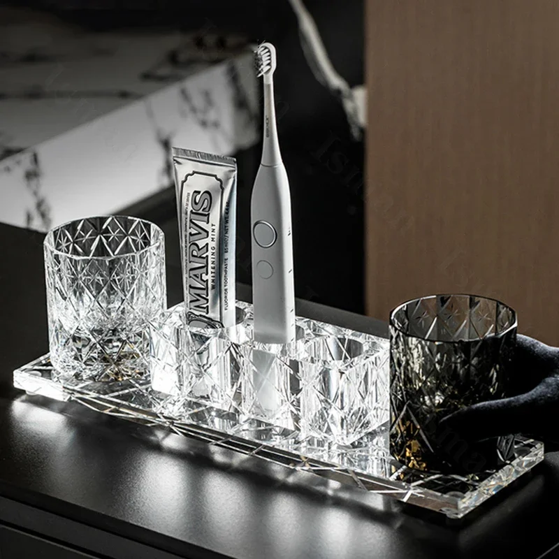 Advanced Crystal Toothpaste Dispenser Bathroom Accessories Set Luxurious Villa Glass Toothbrush Cup Bathroom Decor Storage Tray