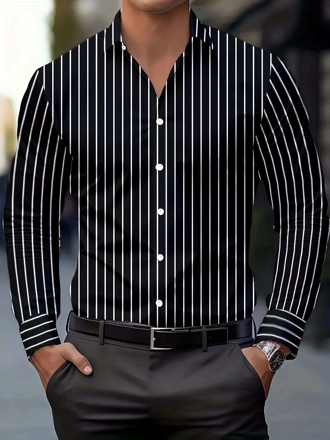 Men's Fashion Striped Print Shirts, Casual Breathable Lapel Button Long Sleeve Shirt For Spring Fall Men's Clothing Formal Shirt