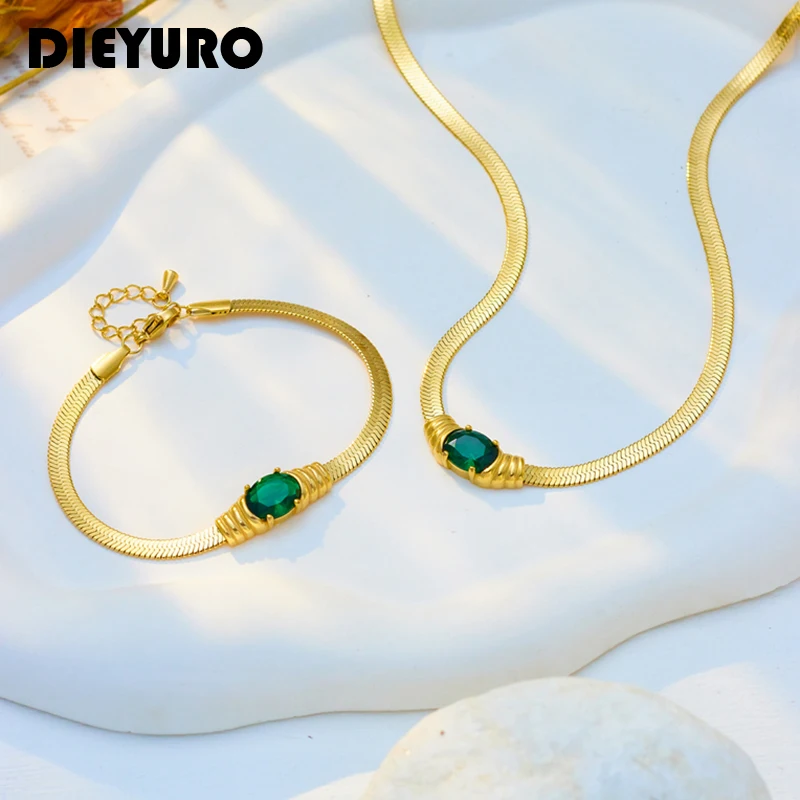 

DIEYURO 316L Stainless Steel Oval Green White Zircon Charm Necklace Bracelets For Women Girl New Trendy Choker Jewelry Set Gifts