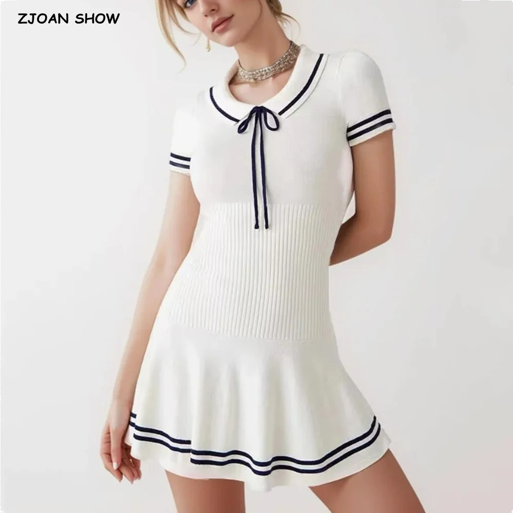 

2024 Preppy Style Tie Bow Lapel Short Sleeve Knitted Dress Women Skinny Slim Fit Low Waist Hem Pleated A-lined Short Robe White