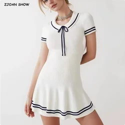 2024 Preppy Style Tie Bow Lapel Short Sleeve Knitted Dress Women Skinny Slim Fit Low Waist Hem Pleated A-lined Short Robe White