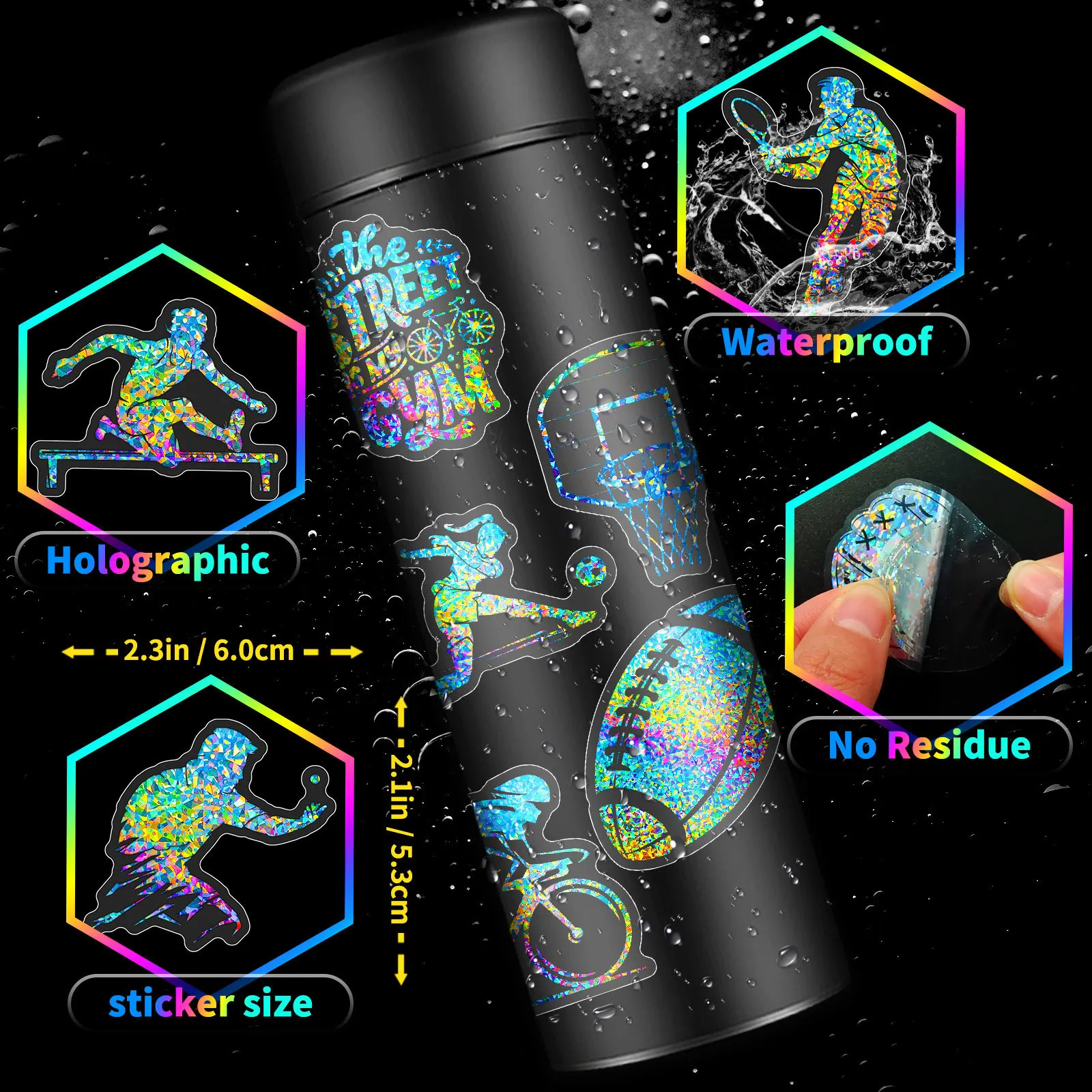 50 Pcs Silver Laser Sports Style PET Stickers Decorating Luggage Water Bottles Stickers