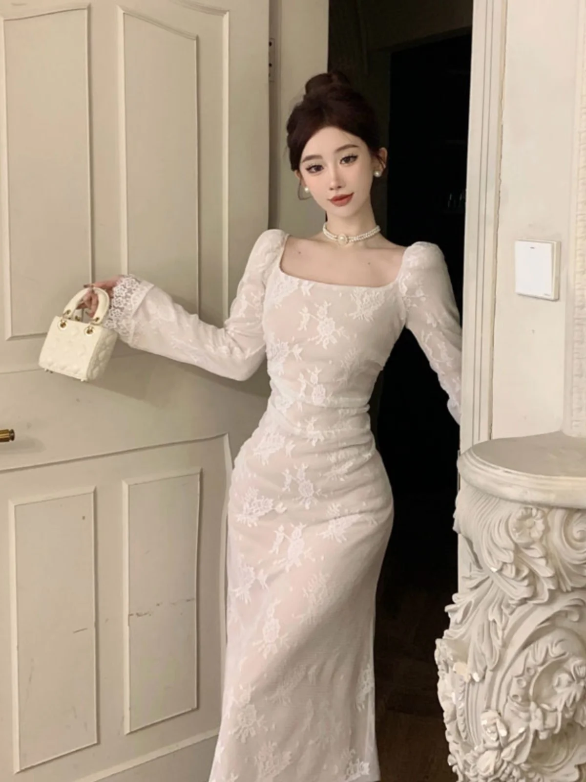 

Элегантное кружевное длинное платье-футляр в стиле бодикон, сексуальное, женственное, модное, с завышенной талией, из поливолокна, весна 2026, женская юбка премиум-класса