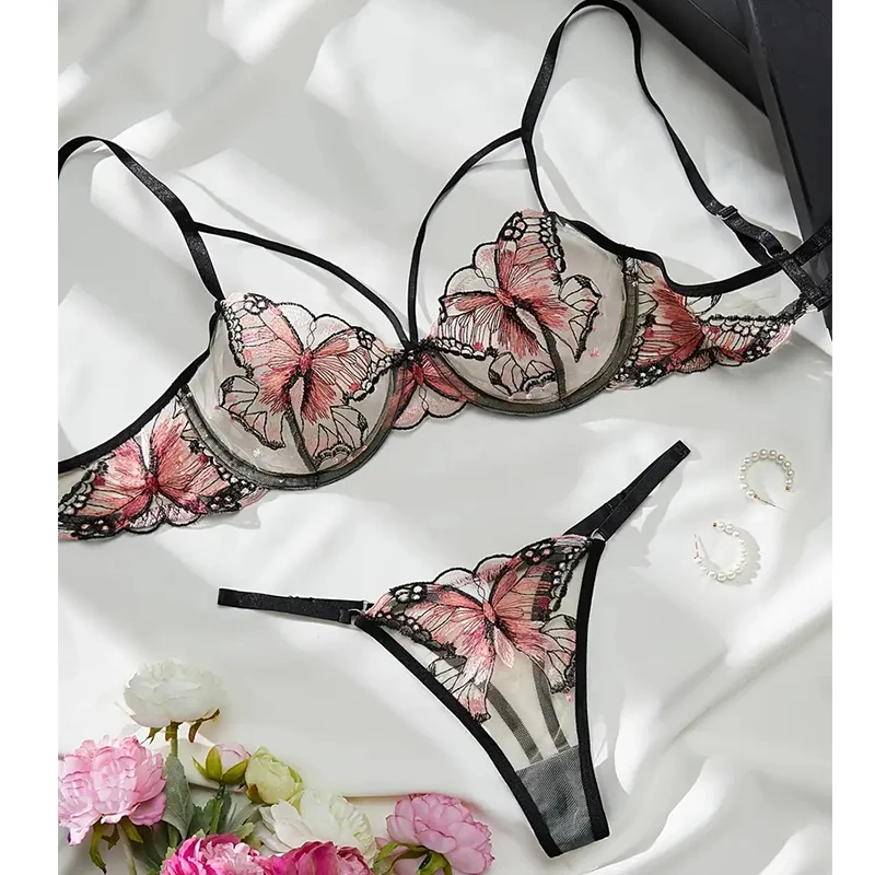 

Lingerie Woman Sexy Fancy Underwear Butterfly Embroidery Bra Sets Attractive Chest Intimate Goods Romantic Erotic Outfits 2 pcs