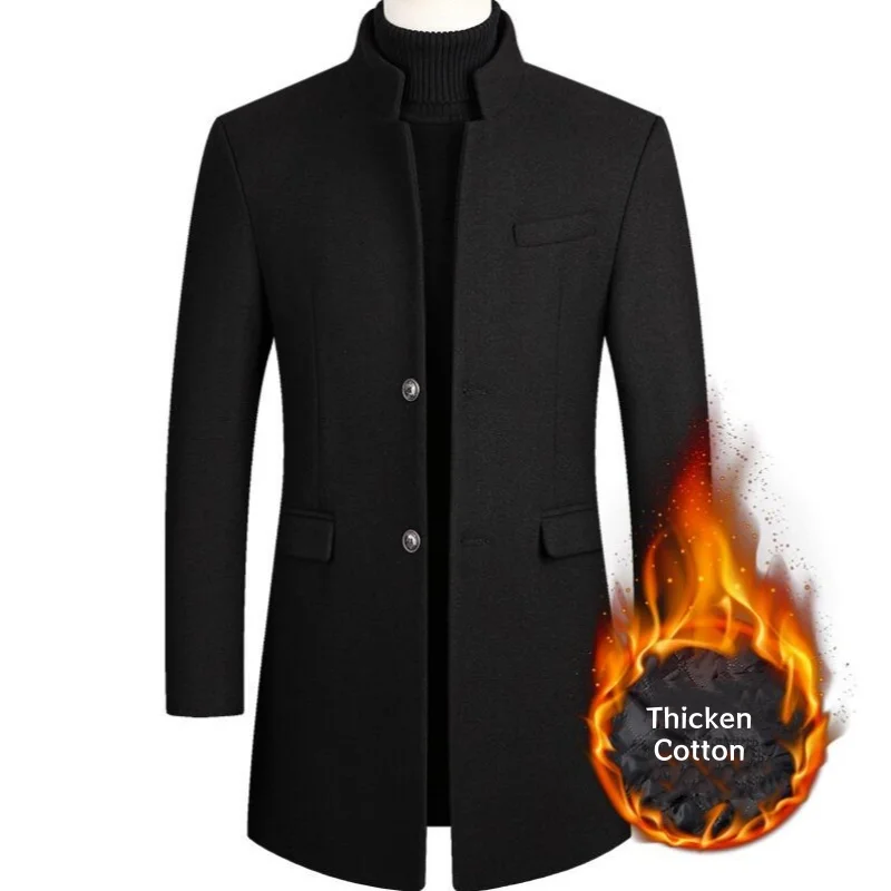 Brand Business Casual Trench Coat Men Chinese Style Solid Color Winter Coat Men 2026 Autumn and Winter Wool Coat for Men