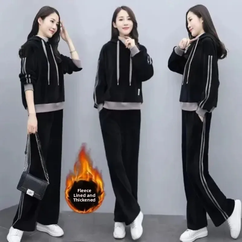 

Gold Velvet Fce Hoodie Set Women's Casual Comfortable Faionable Polyester Fabric Winter Collection Sli Ensemble