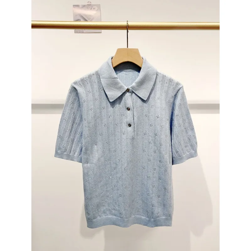 Light Blue Hollow Knit Polo Shirt Women Rhinestone Decor Lapel Half Button Short Sleeve Elegant Slim Summer Knitted Blouse