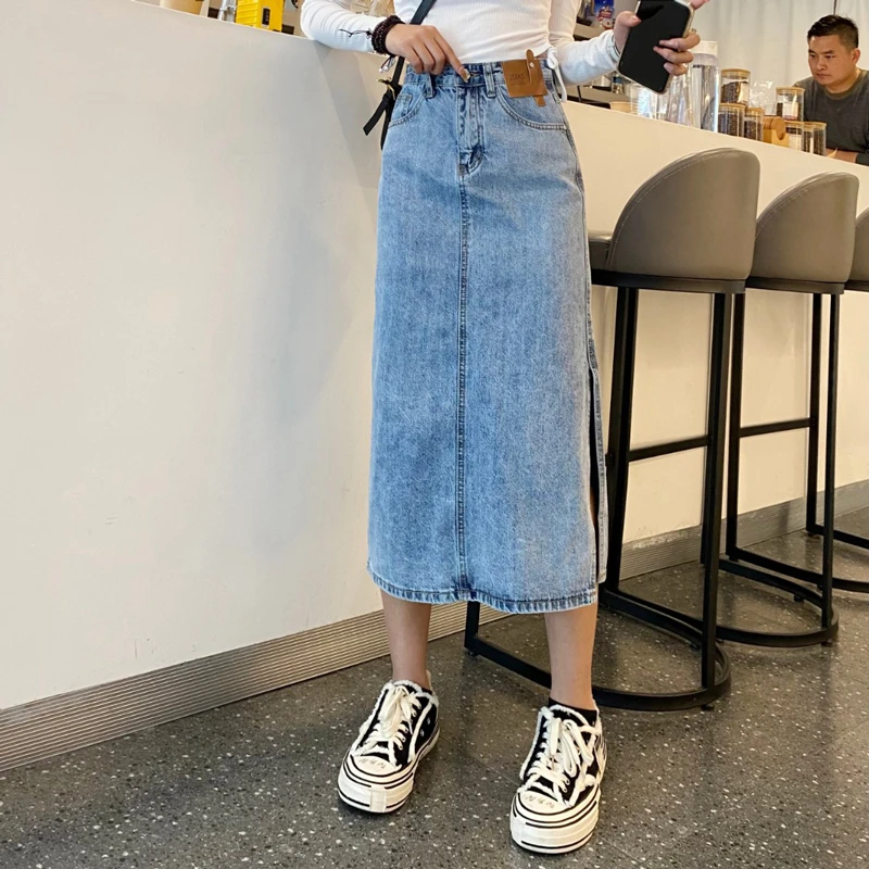 Women\'s Summer And Autumn New High Waist Split Wrapped Hip High Quality Soft Denim Skirt A-Line Mid Length Skirt