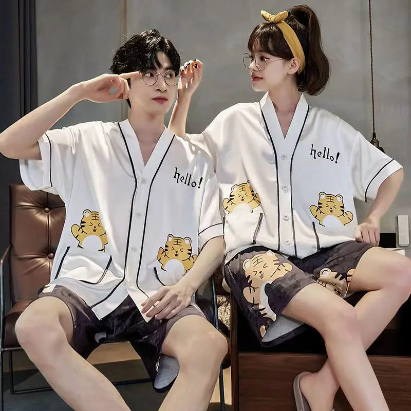 Ice Silk Couple Lovers Pijama Set Cute Cartoon Summer Homesuit Party Pajamas for Women Men Family Matching Pyjama Loungwear Ins