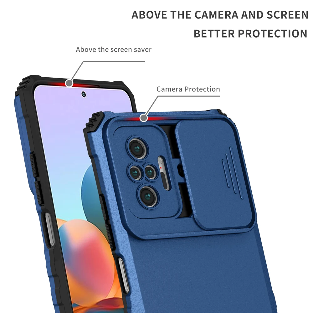 KEYSION Shockproof Case for Redmi Note 10 Pro 10S 9 8 Push Pull Camera Protection Live Stand Phone Cover for Redmi 10 C 9A 9C 9T