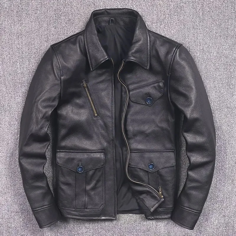 Men's Aviator Cow Leather Jacket With Flip Collar Slim Fit Casual Genuine Coat Male Motorcycle