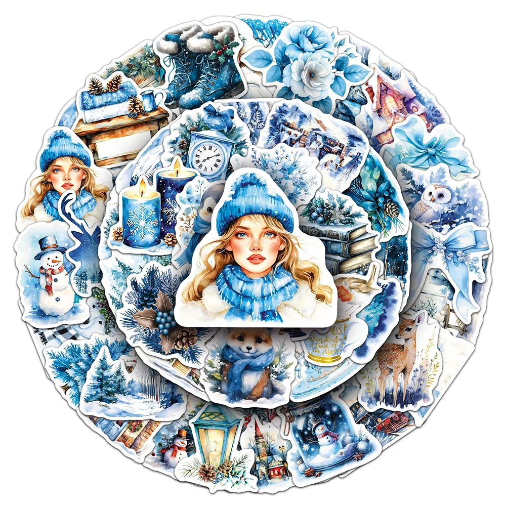 

10/30/50pcs Winter Snowman Graffiti Stickers Cute Cartoon Blue Aesthetic Decals Waterproof DIY Laptop Luggage Phone Sticker Toy