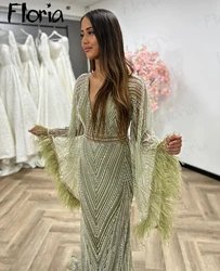 Deep V Neck Sage Green Prom Gowns With Temperament Sleeve Luxury 2024 Wedding Party Gowns Arabic Formal Occasion Gowns for Women