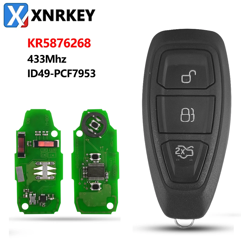 

XNRKEY 3 Button Smart Remote Key Keyless ID49 Chip 433Mhz for Ford Focus C-Max Mondeo Kuga Fiesta B-Max Car Key FCC: KR55WK48801