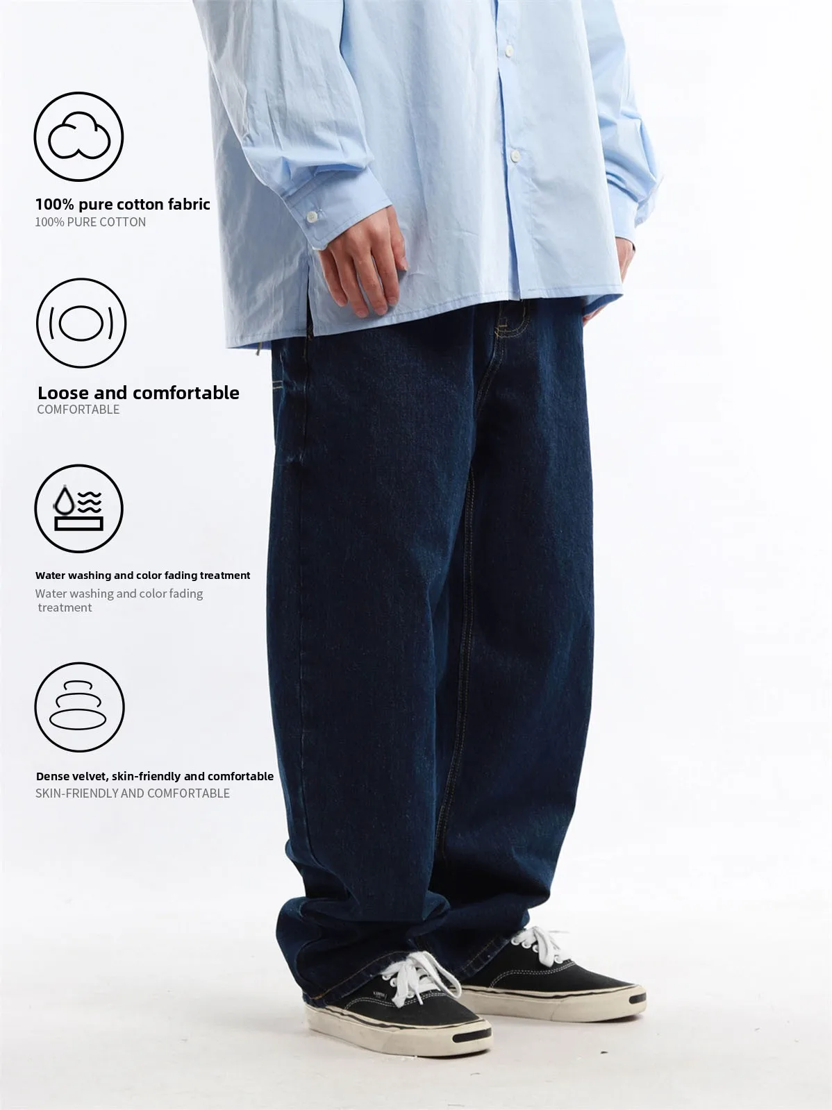 Retro Japanese Style Men's Deep Blue Washed Jeans Straight Leg Wide Leg Loose Casual Pants Versatile Comfortable Urban Fashion