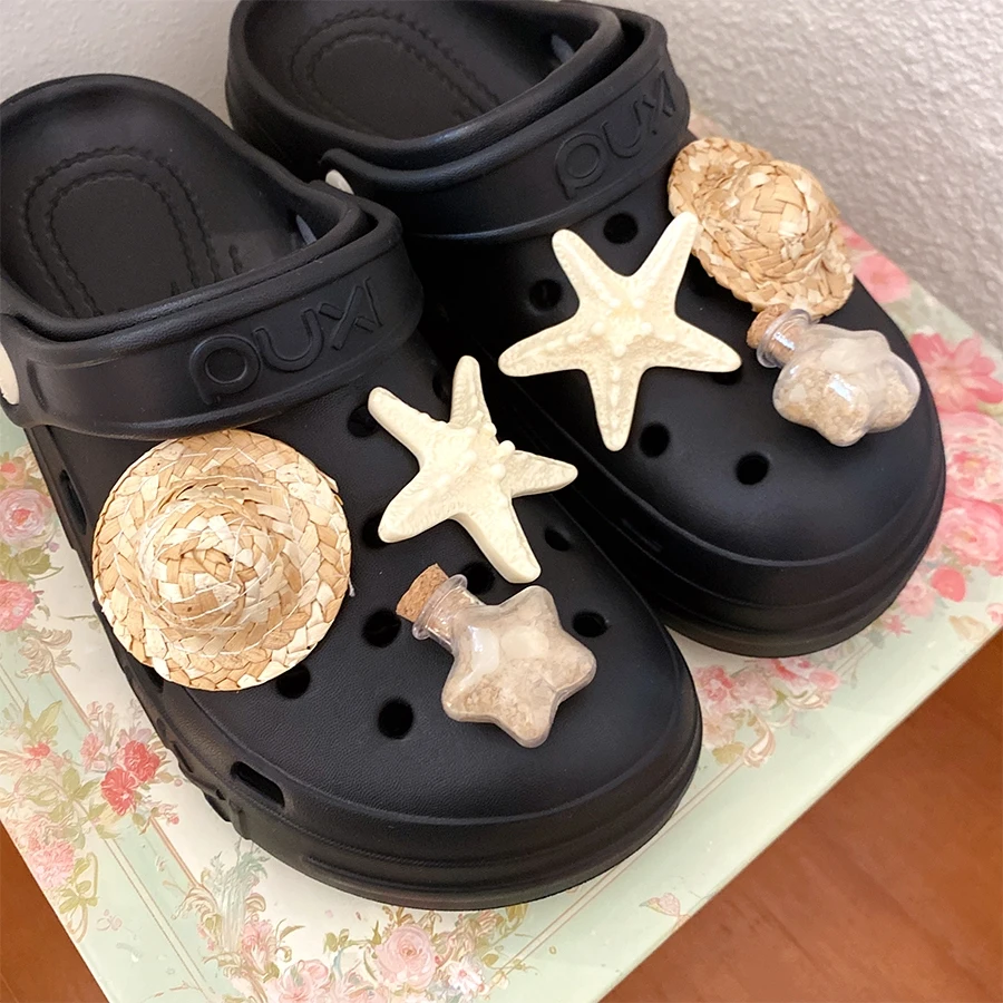 Beach Vacation Style Shoe Charms Set with Straw Hat Starfish Perfect for DIY Decorating Crocs Clogs for Summer Travel Casual
