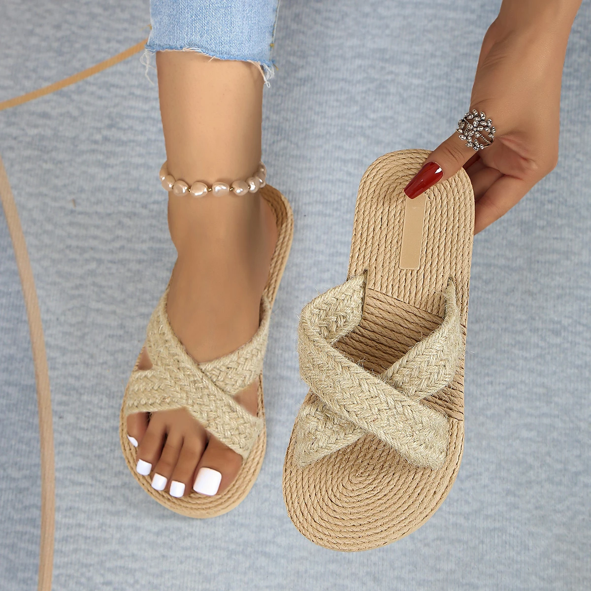 Woven Flax Sandal Woman Natural Linen Flip Flops Ladies Cross Strap Slippers Summer Outdoor Beach Vacation Slide Shoes