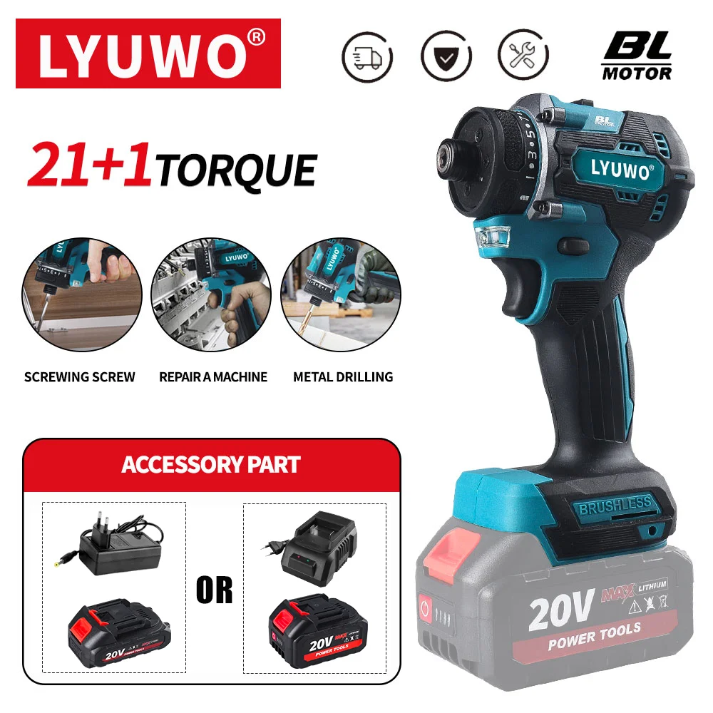 

LYUWO 1/4 Inch Brushless Electric Screwdriver 20+1 High Torque Variable Speed Cordless Drill Power Tool For Makita 18V Battery