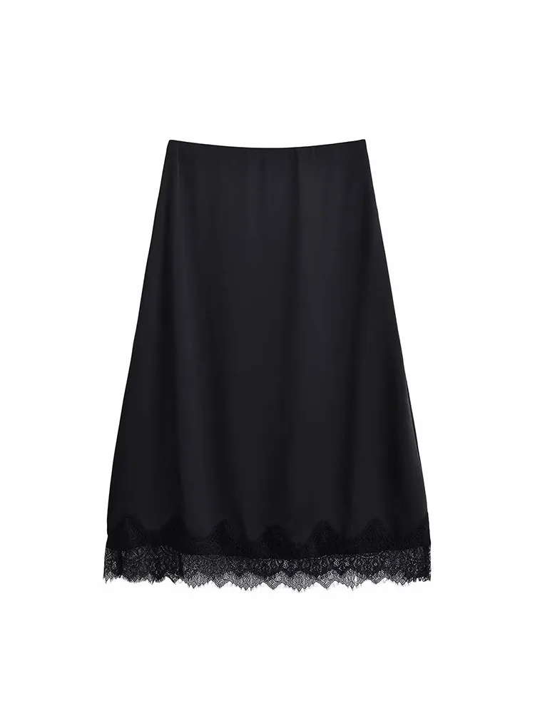 Mujer 2025 otoño nueva elegante falda negra de encaje satinado de lujo Falda larga recta falda de Mujer de fiesta de moda