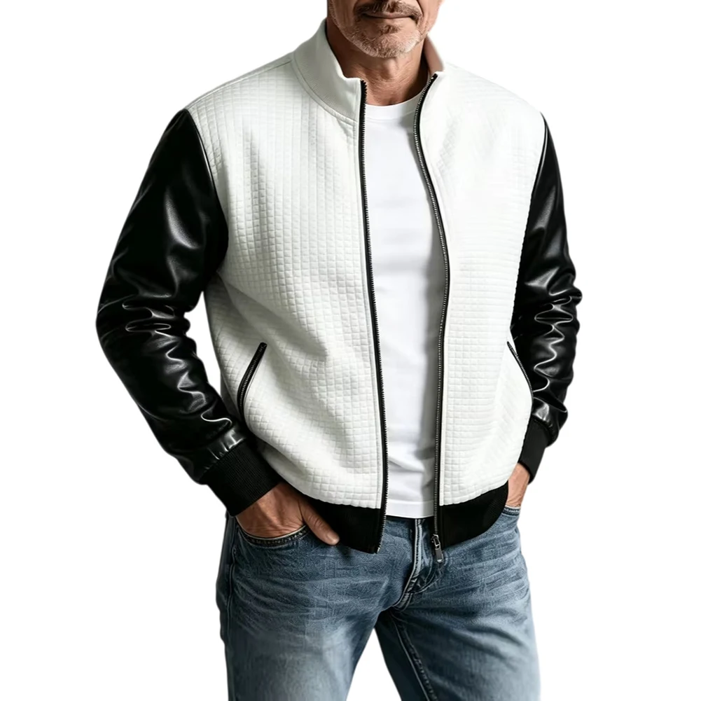 1pc Mens Patchwork Jacket Notched Collar Baseball Shirt Casual Outfit Coat M-2XL Long Sleeve Autumn Winter Coat