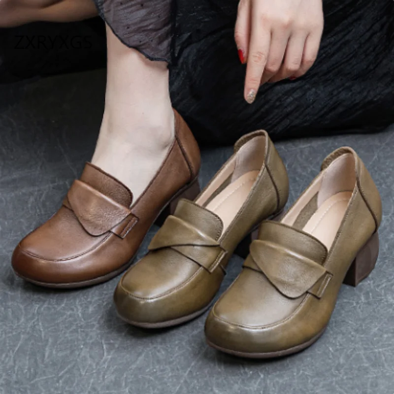 ZXRYXGS 2026 High-end Top Cowhide Full Real Leather Shoes Thick Mid Heels Classic Retro Soft Sole Women Elegant Fashion Shoes