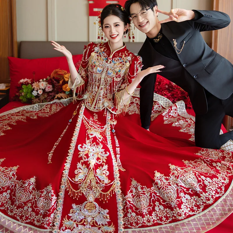 

Бархатное свадебное платье Xiuhe, новинка 2025, свадебное утягивающее свадебное платье и пальто Дракона Феникса