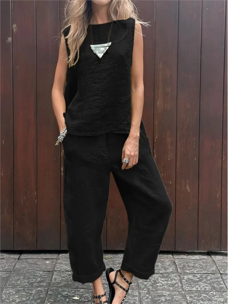 Casual Sleeveless Tshirt Pants Set Office Lady Spring Summer Fashion Solid O-neck Tops Pants Two Piece Set Women 2024 Outfit