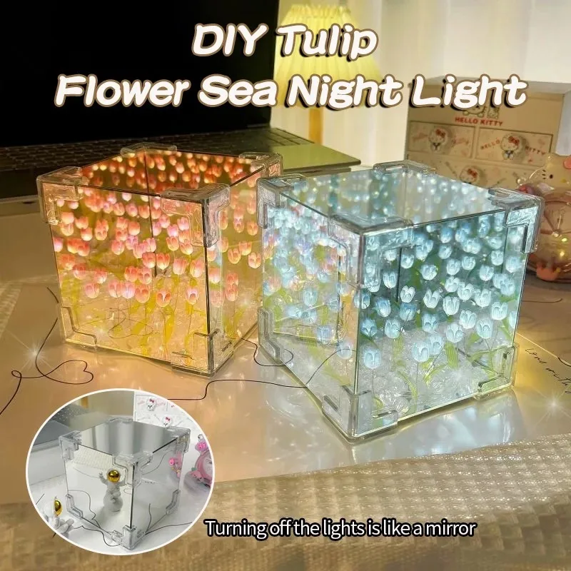 Espejo de tulipán romántico, luz LED de noche, rosa, azul, púrpura, luz de ambiente, acrílico, forma cuadrada, decoración de fiesta de dormitorio en