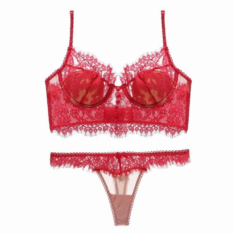 French Sexy U-shaped Large Backless Lingerie Solid Thin Cotton Eyelash Lace Underwear Women's Sweet Anti Sagging Bra Briefs Suit