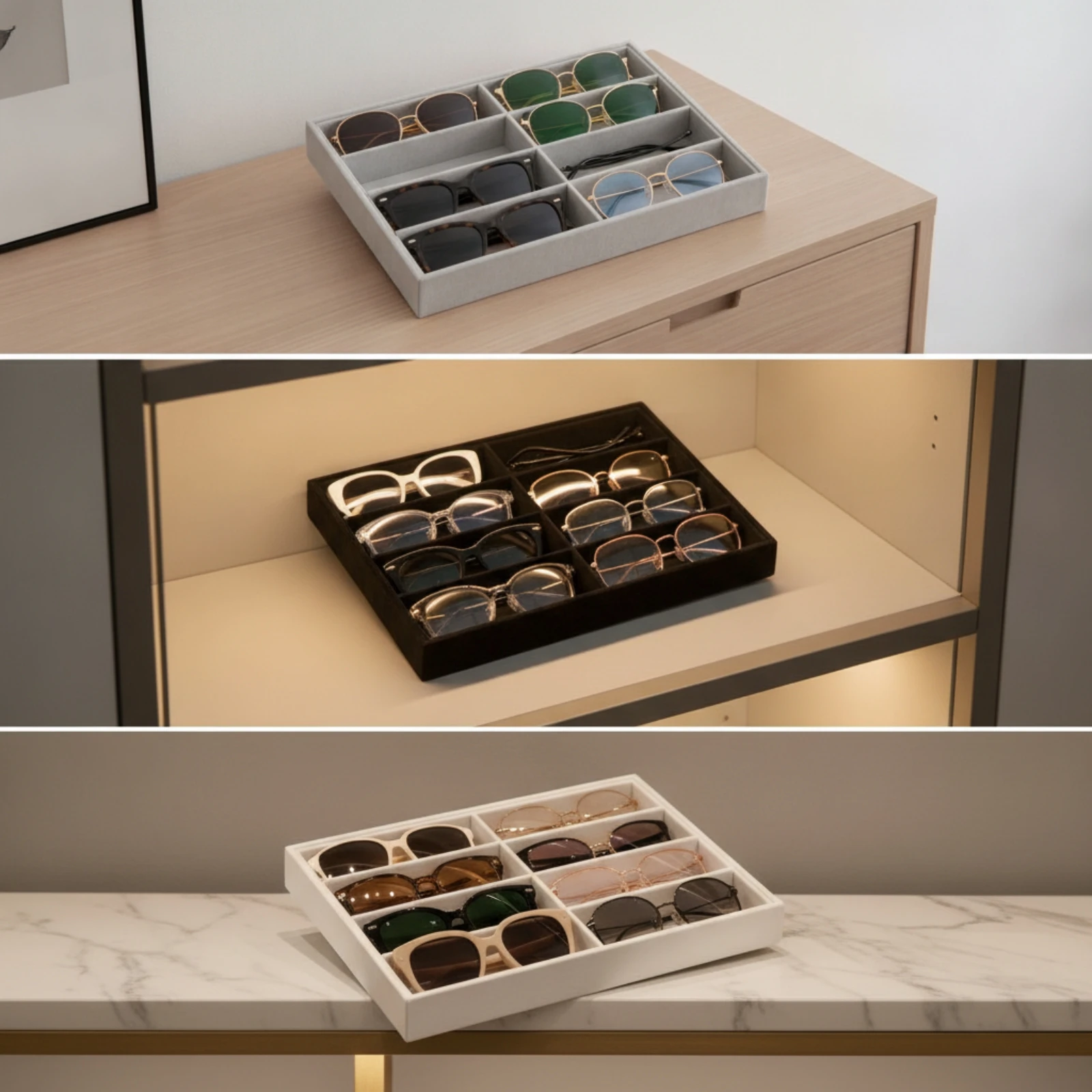 Glasses Tray with 8 Compartments Velvet-Lined Eyeglasses Organizer Organizer with Slots Divided Case Sophisticated for Retailers