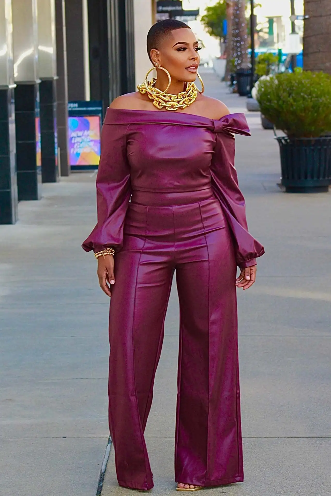 

Casual PU Leather 2 Piece Set Women Fashion Solid Two Piece Outfit Off Shoulder Lantern Sleeve Tops Wide Leg Pants Set Women Set
