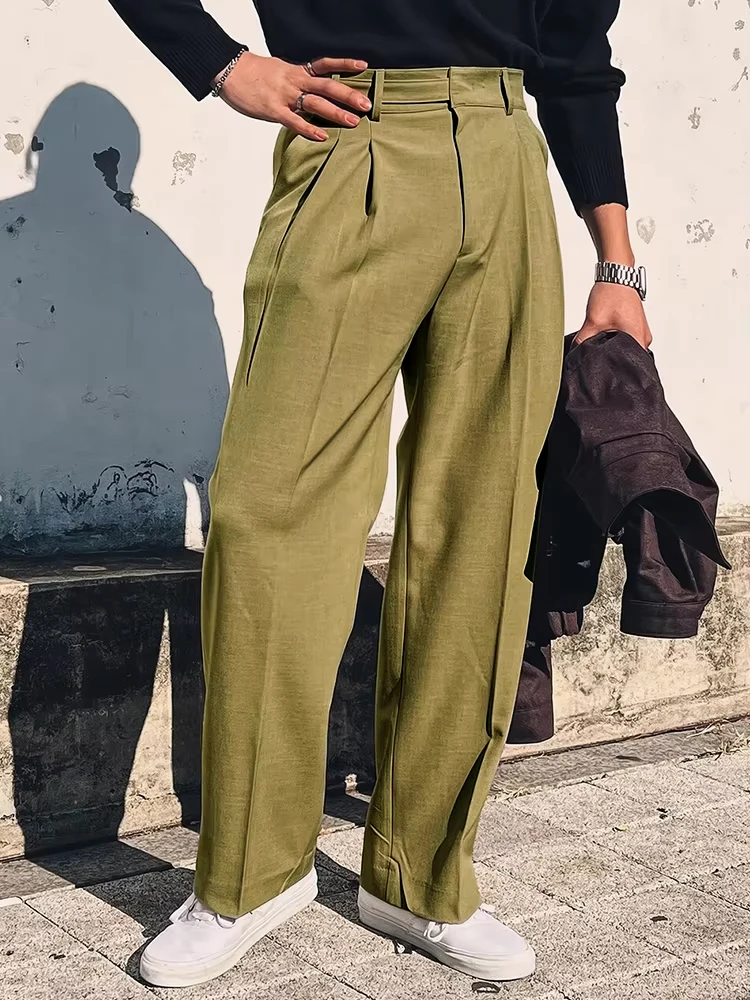 Streetwear Fashion Mens Suit Pants 2025 Spring Summer Casual Loose Straight Trousers Men Vintage Solid Belt-up High Waist Pants