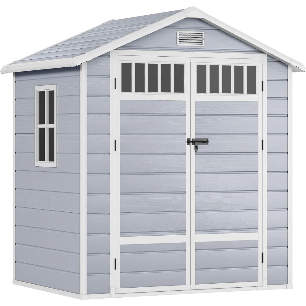 

6x4.4 FT Resin Storage Shed with Fence-Style and Side Windows, Lockable Door, and Vents for Garden, Backyard, Patio, Lawn, Gray