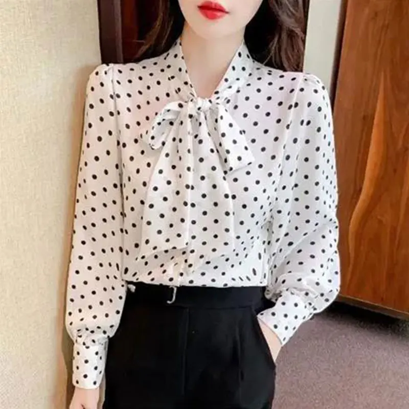 Women\'s Polka Dot Ribbon Shirt, Long Sleeve Tops, Korean Casual, All-Match, Loose, Simplicity, Spring, New Style Fashion