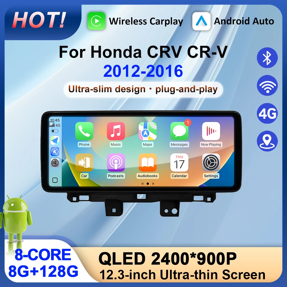 12.3“ Android 15.0 GPS Navi For Honda CRV CR-V 2012 - 2016 Wireless Carplay BT WiFi 4G DSP Stereo QLED Screen Car Radio Player