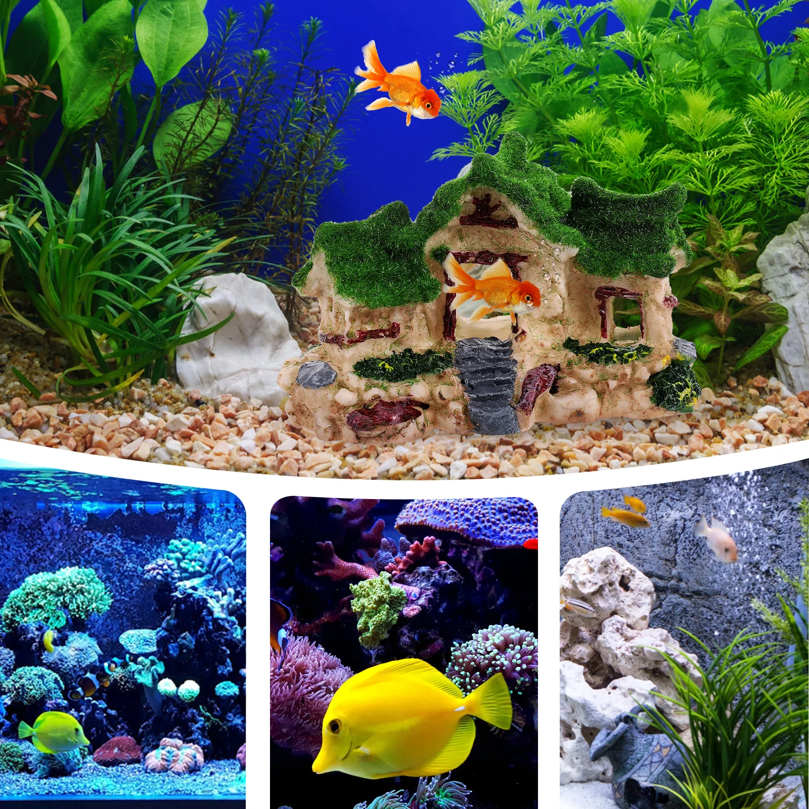 

-Lined Resin Mini House Aquarium Ornament Fish Shelter Hiding Cave Decor Simulation Landscape Craft Pet Tank Decor