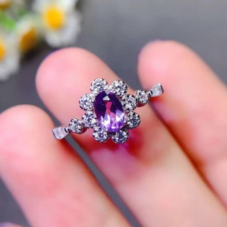 Vintage Sterling Silver Amethyst Ring 4mm*6mm 0.5ct VVS Grade Natural Amethyst Jewelry Solid 925 Silver Crystal Ring