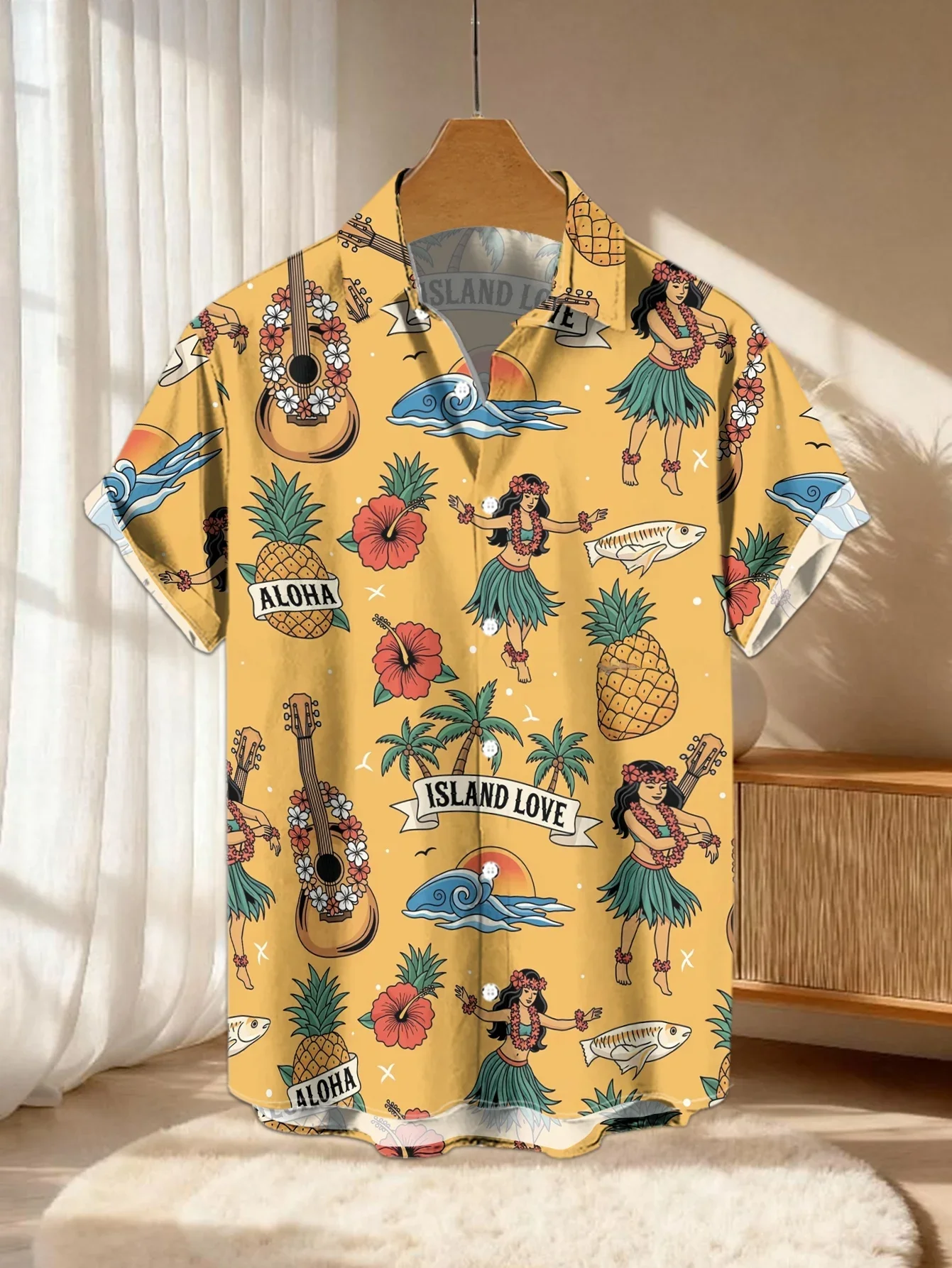 Men Hawaiian Shirt Flamingo Sailboat Palm Tree Tropical Ocean Print Short Sleeve Button Down Lapel Casual Summer Beach Vacation