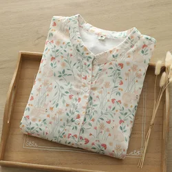 Women's Floral Print Shirts 2024 New Long Sleeve Casual White Shirt Cotton Yarn Blouse & Tops Ladies Clothes Factory Wholesale