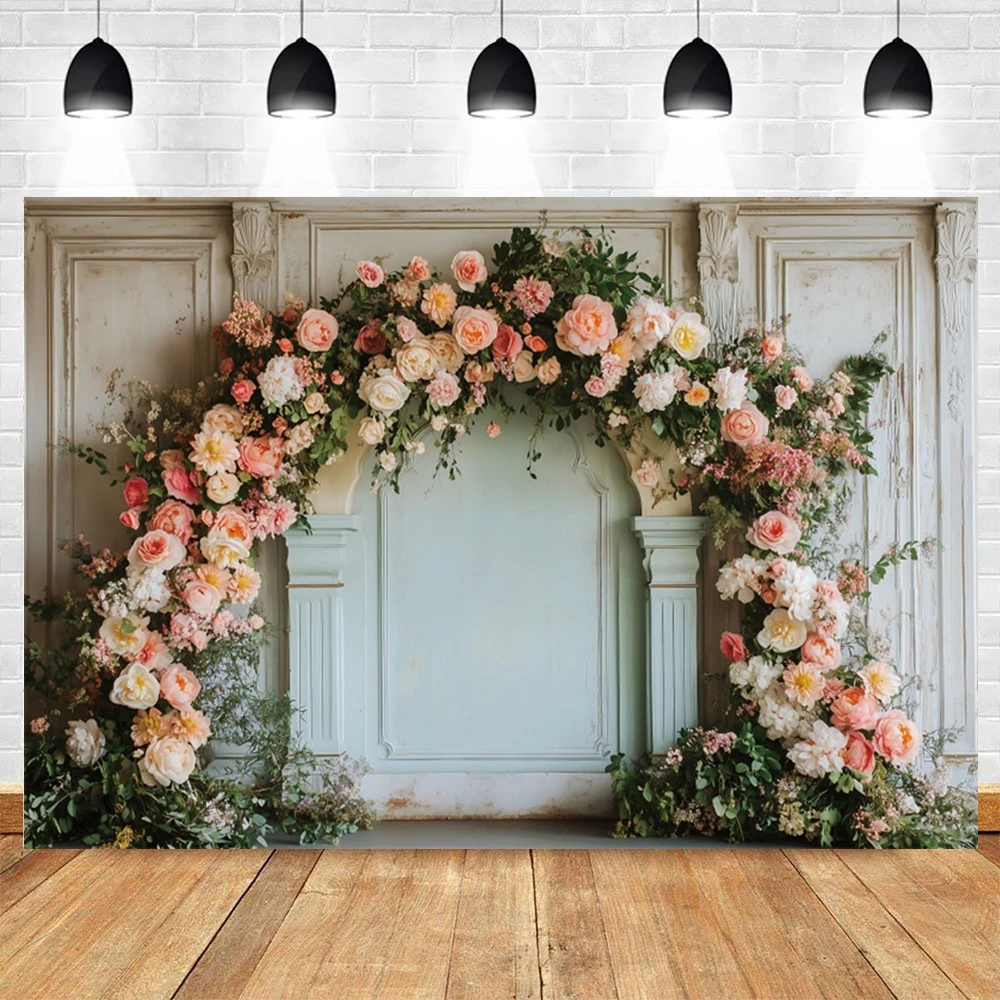 Vintage Floral Arch Photography Backdrops Pastel Rose Greenery Stone Wall Wedding Engagement Romantic Party Portrait Backgrounds