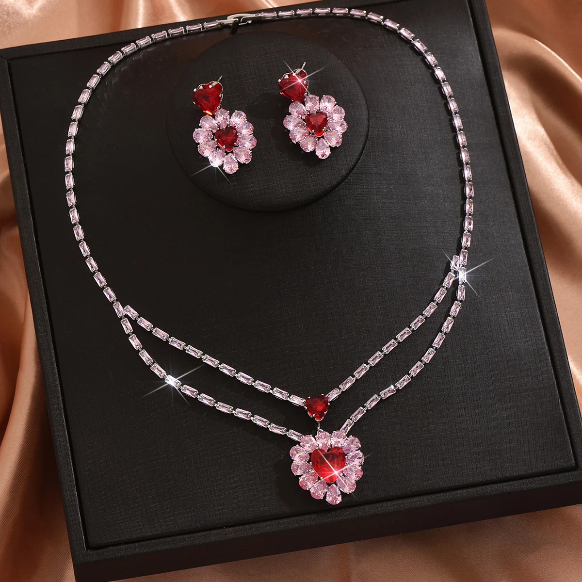 Fashionable and Sweet Love Zircon Necklace Earrings Jewelry Set Suitable for Spicy Girls' Vacation Travel