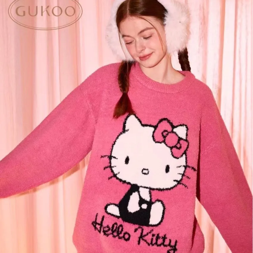 Sanrio Hello Kitty Cartoon Sweet Homewear Set of Autumn Winter Thickened Leisure Two-piece Cute KT Cat Can Go Out Pajamas Pants