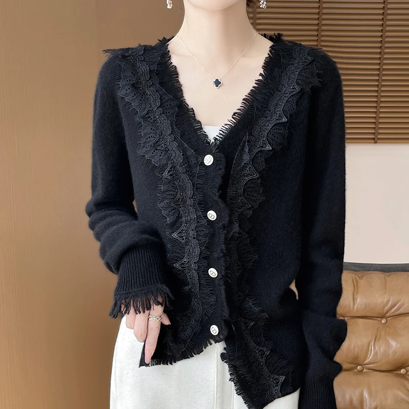 100% pure wool cardigan women\'s V-neck sweater fashionable and exquisite knitted summer women\'s long sleeved thin version new